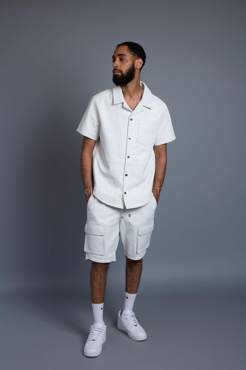 Men's Summer In Miami Leather Shirt And Cargo Shorts Set [White]