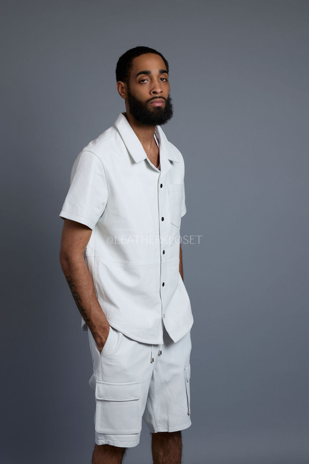 Men's Summer In Miami Leather Shirt And Cargo Shorts Set [White]