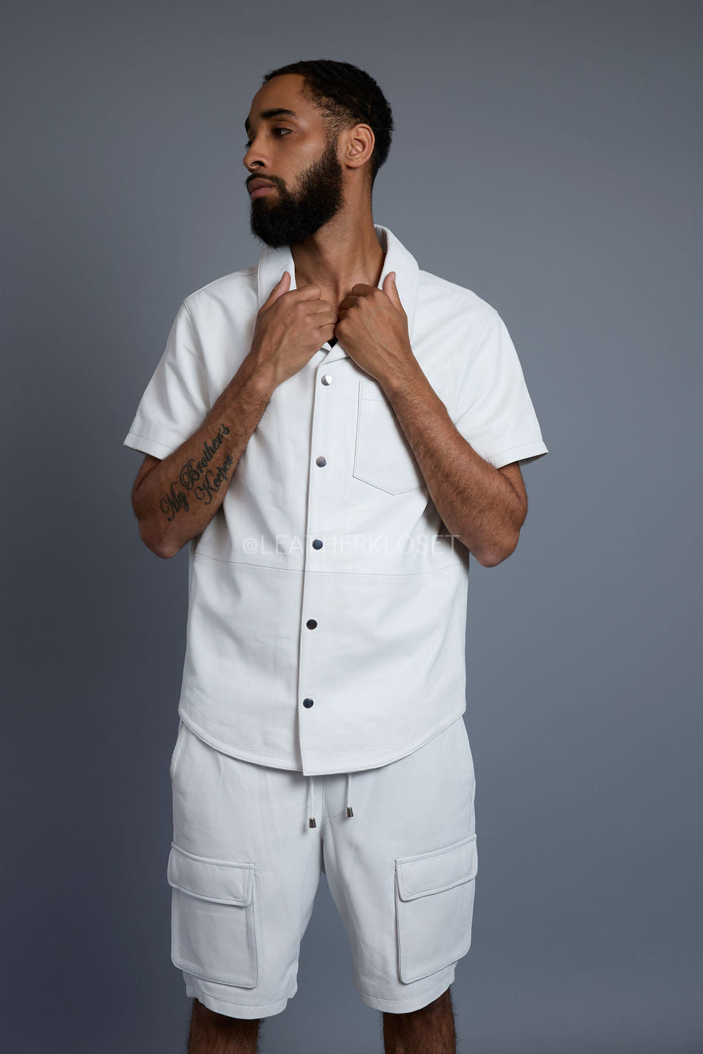 Men's Summer In Miami Leather Shirt And Cargo Shorts Set [White]
