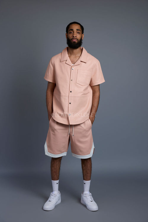 Men's Summer In Miami Leather Shirt And Shorts Set [Baby Pink/White]