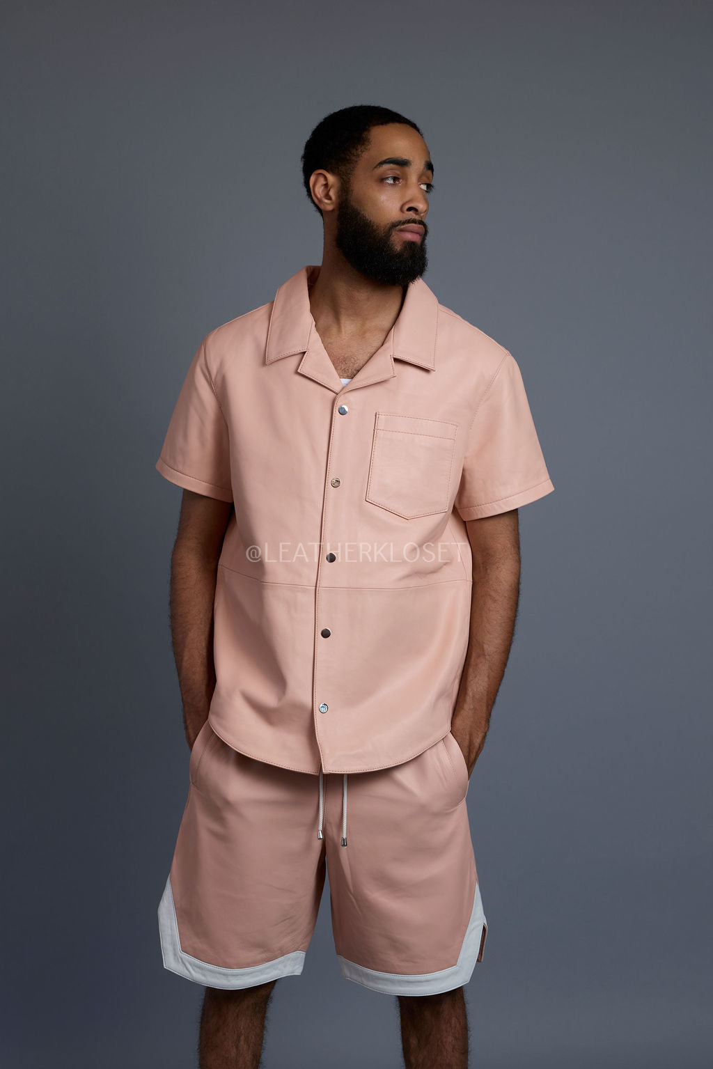 Men's Summer In Miami Leather Shirt And Shorts Set [Baby Pink/White]