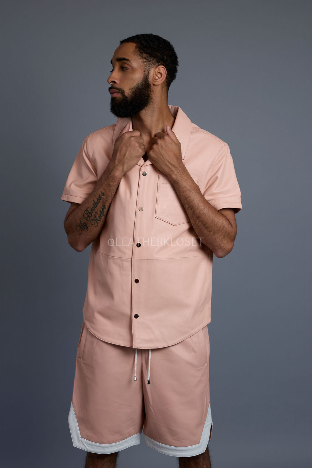 Men's Summer In Miami Leather Shirt And Shorts Set [Baby Pink/White]