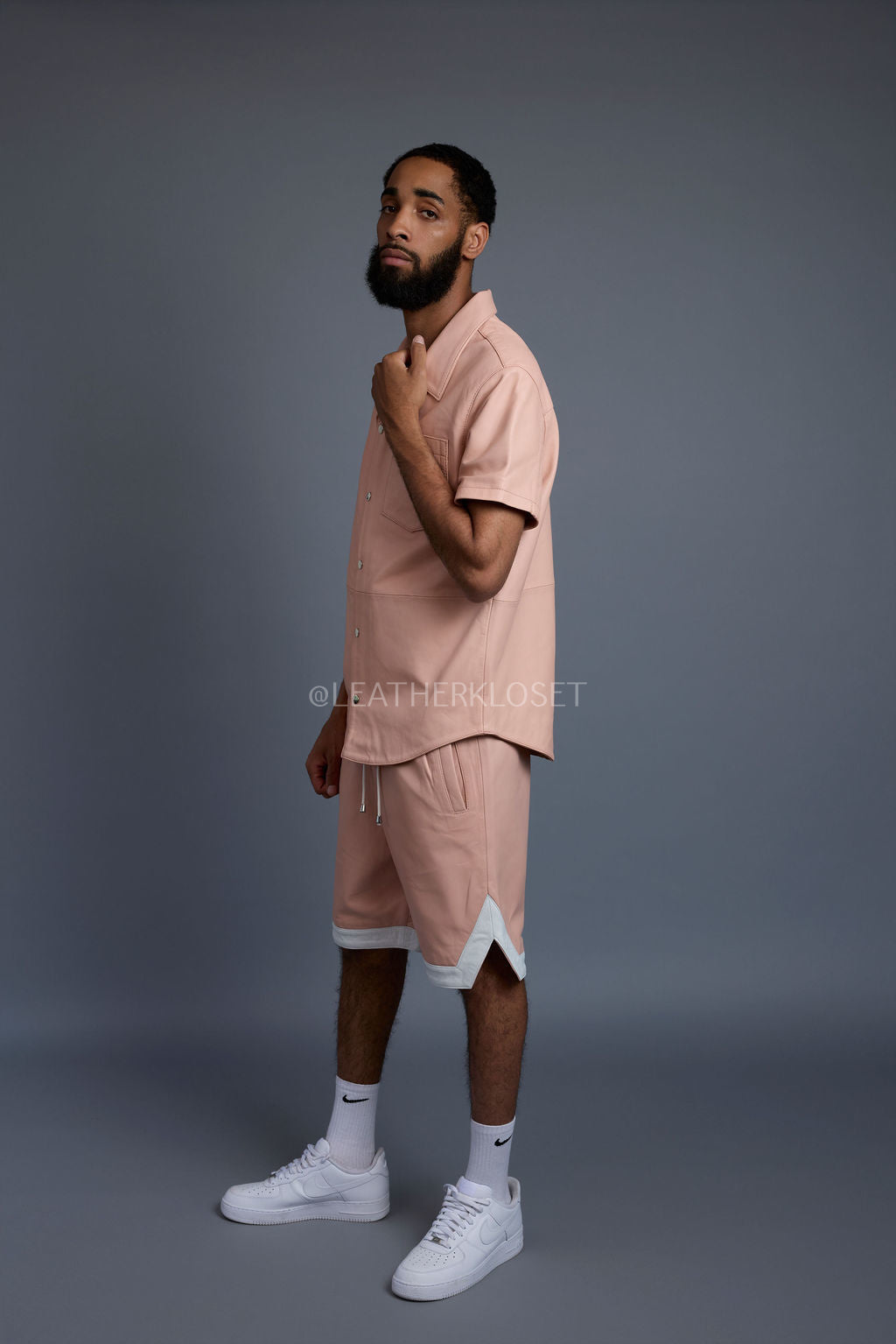 Men's Summer In Miami Leather Shirt And Shorts Set [Baby Pink/White]