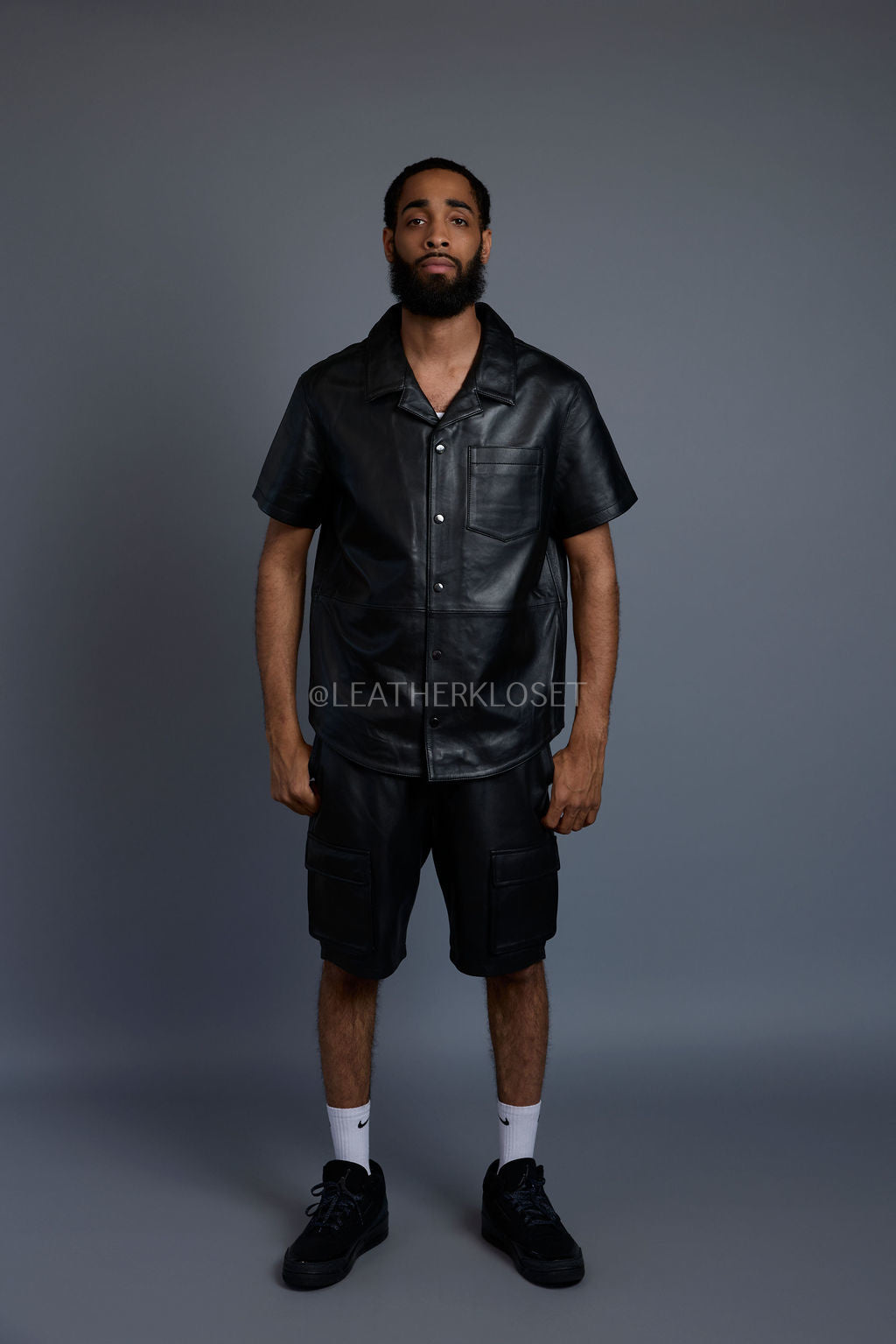 Men's Summer In Miami Leather Shirt And Cargo Shorts Set [Black]