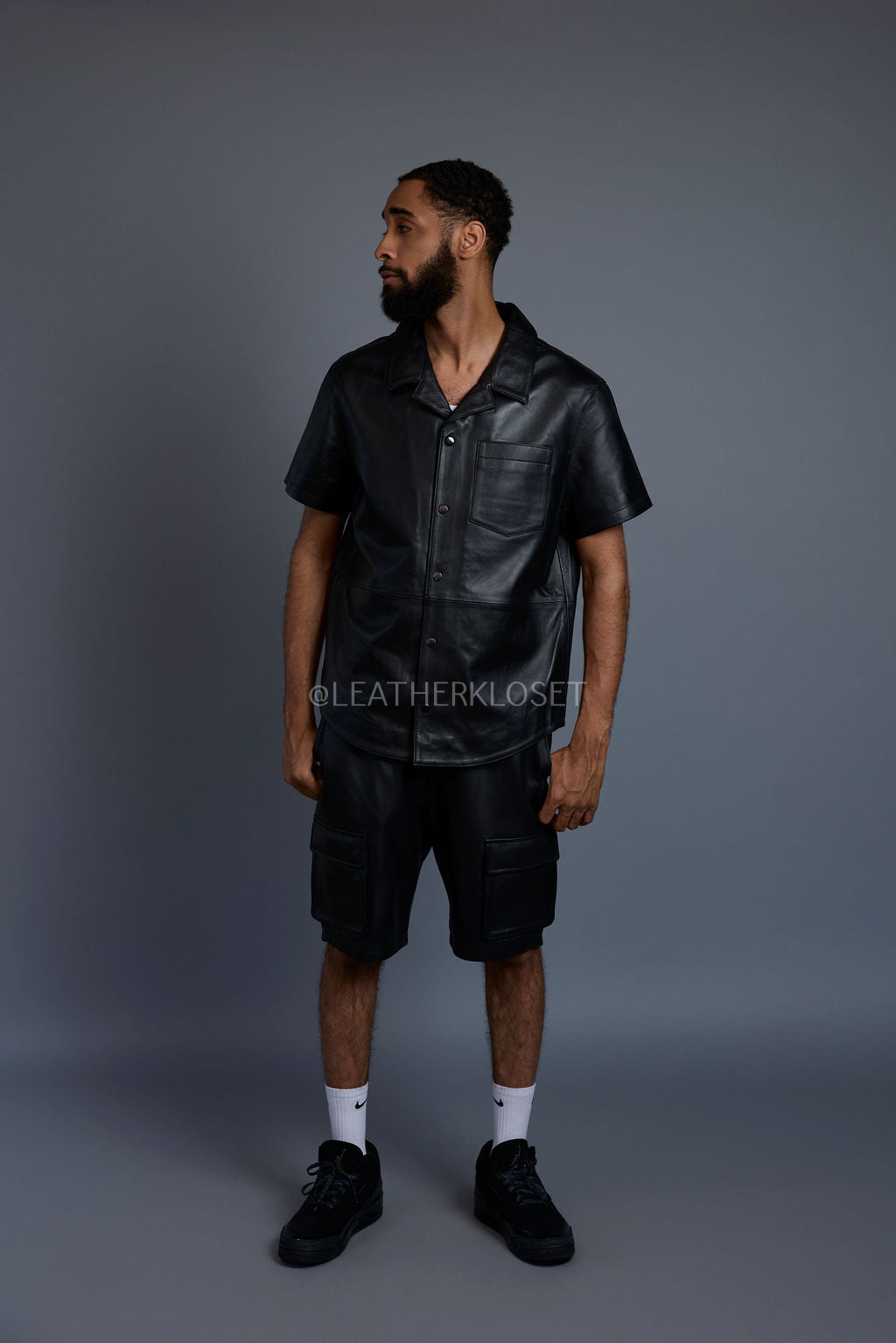 Men's Summer In Miami Leather Shirt And Cargo Shorts Set [Black]