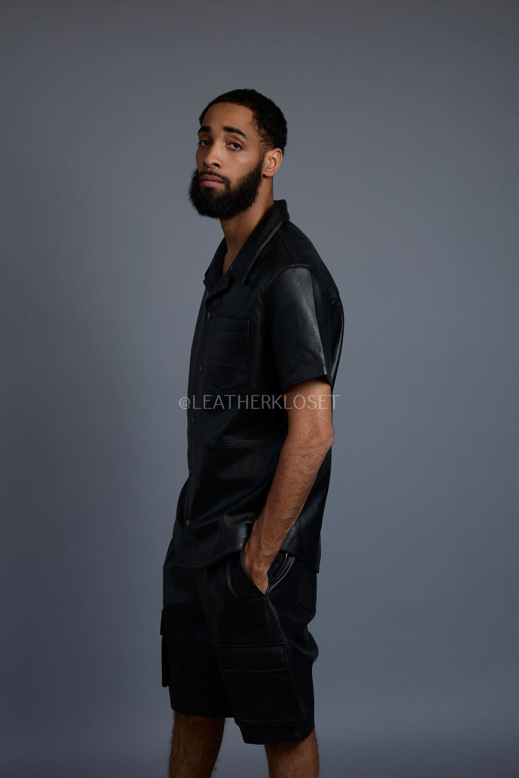 Men's Summer In Miami Leather Shirt And Cargo Shorts Set [Black]