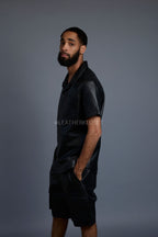 Men's Summer In Miami Leather Shirt And Cargo Shorts Set [Black]