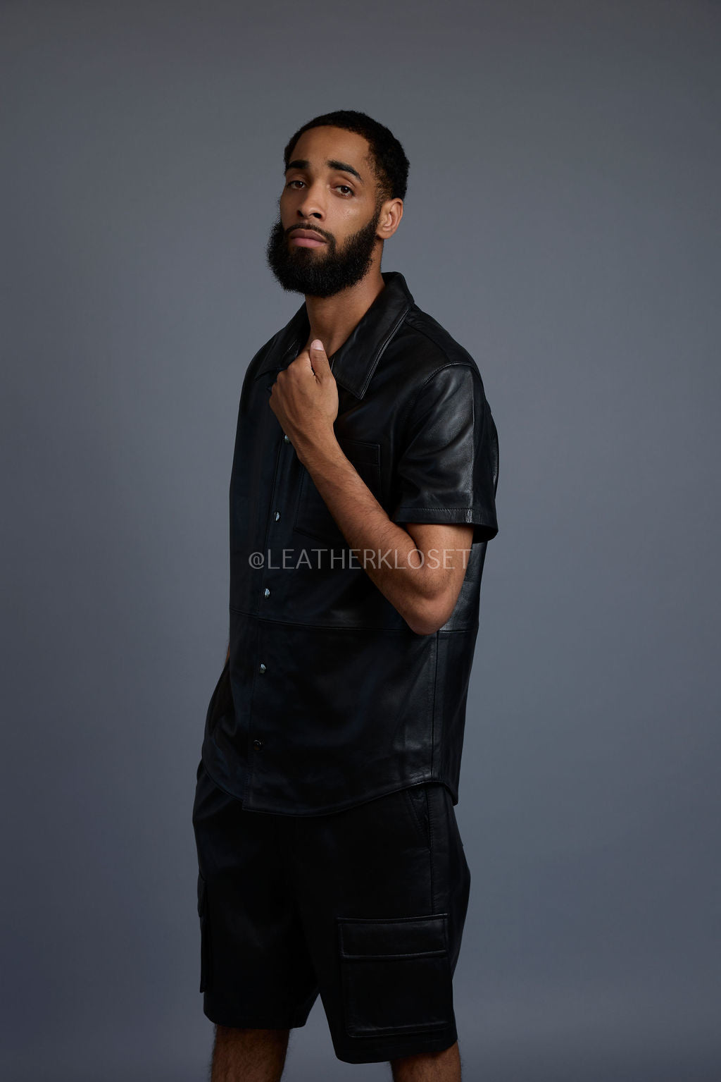 Men's Summer In Miami Leather Shirt And Cargo Shorts Set [Black]