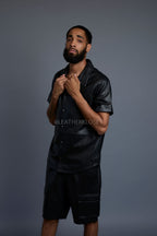 Men's Summer In Miami Leather Shirt And Cargo Shorts Set [Black]