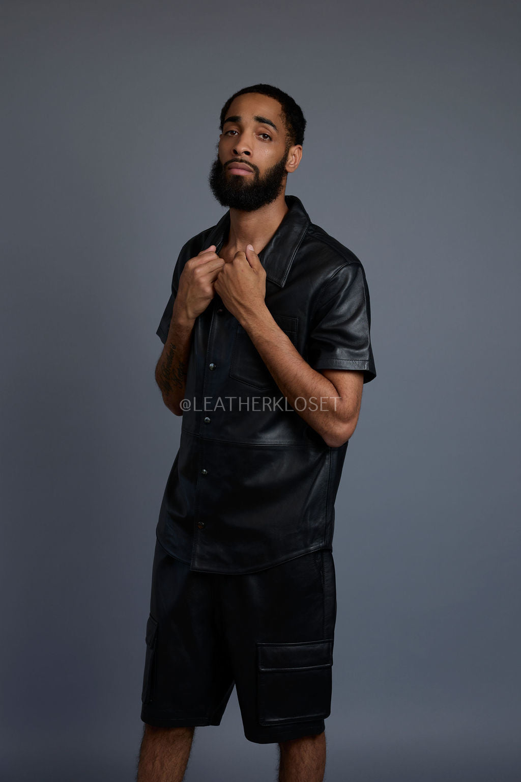 Men's Summer In Miami Leather Shirt And Cargo Shorts Set [Black]