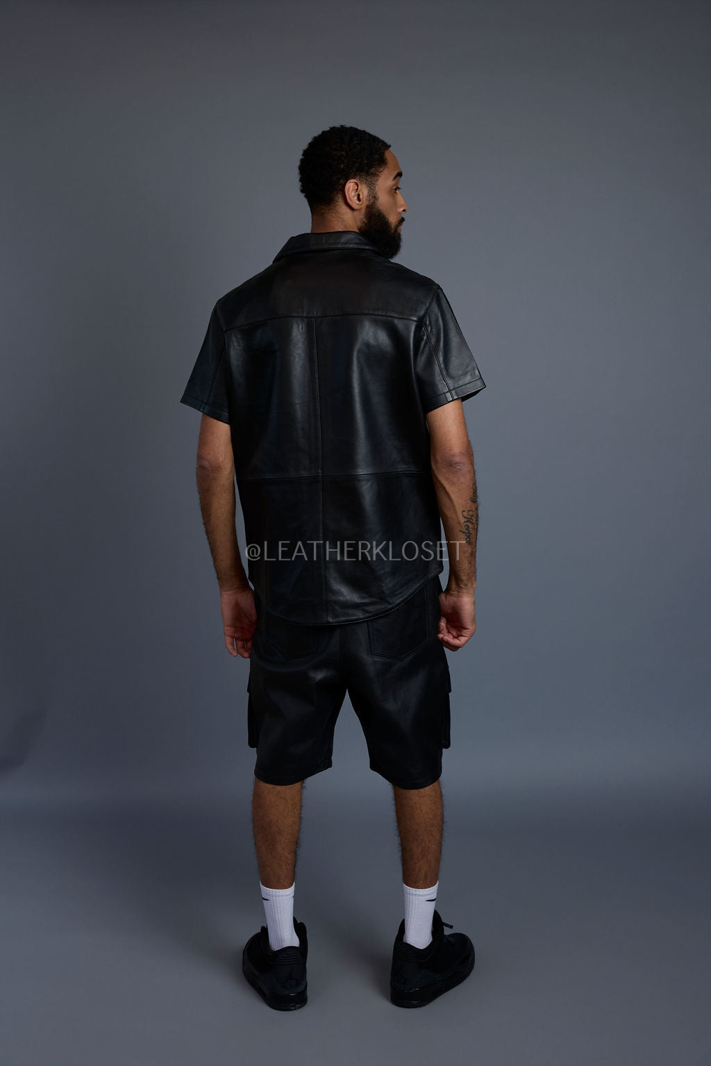 Men's Summer In Miami Leather Shirt And Cargo Shorts Set [Black]