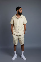 Men's Summer In Miami Leather Shirt And Cargo Shorts Set [Beige]