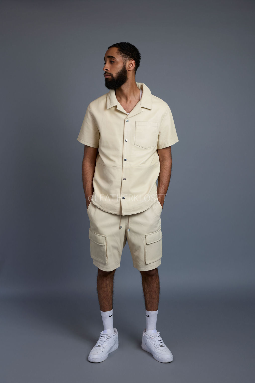Men's Summer In Miami Leather Shirt And Cargo Shorts Set [Beige]