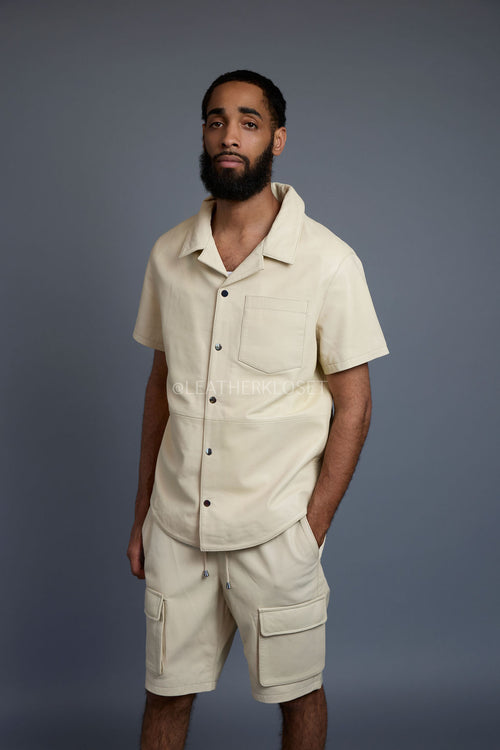 Men's Summer In Miami Leather Shirt And Cargo Shorts Set [Beige]