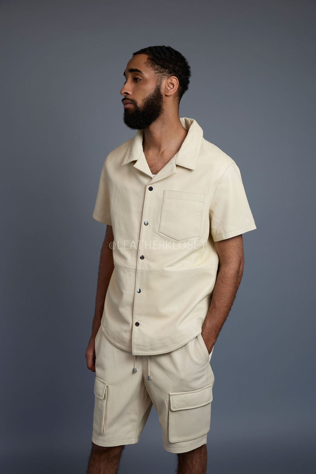 Men's Summer In Miami Leather Shirt And Cargo Shorts Set [Beige]