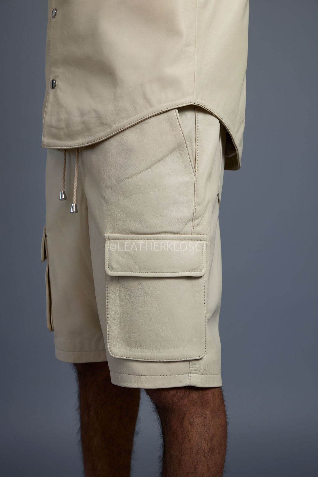 Men's Summer In Miami Leather Shirt And Cargo Shorts Set [Beige]