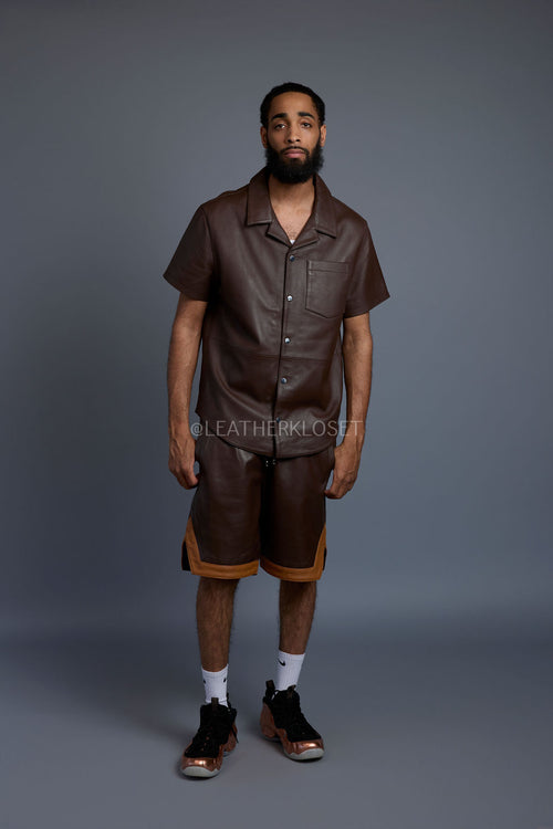 Men's Summer In Miami Leather Shirt And Shorts Set [Chocolate/Saddle]