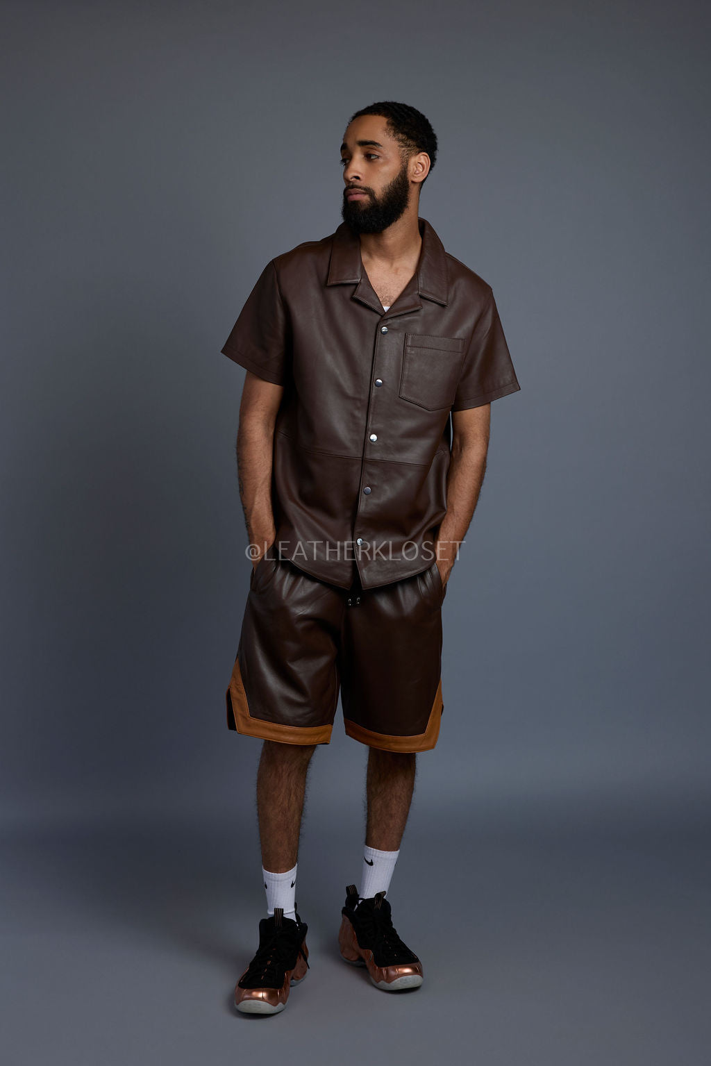 Men's Summer In Miami Leather Shirt And Shorts Set [Chocolate/Saddle]