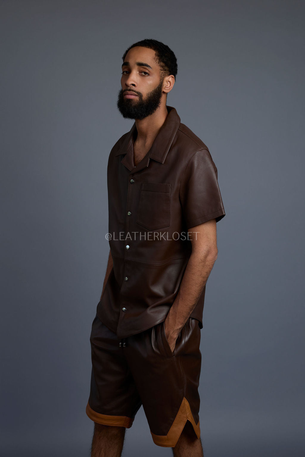 Men's Summer In Miami Leather Shirt And Shorts Set [Chocolate/Saddle]