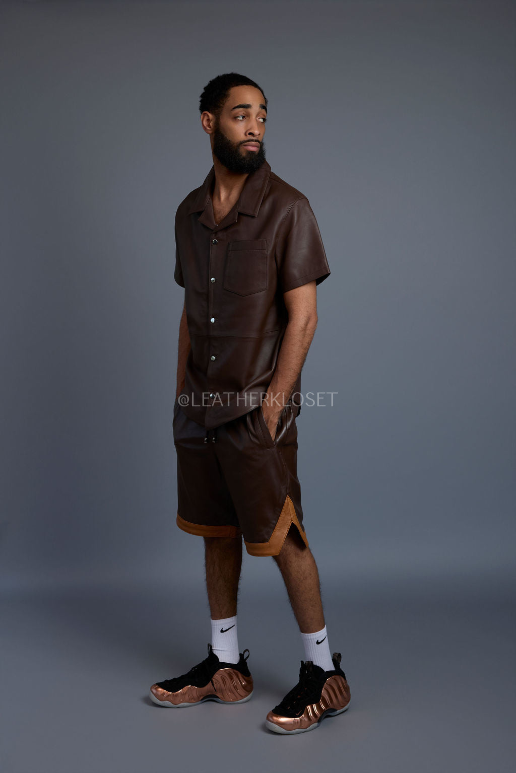 Men's Summer In Miami Leather Shirt And Shorts Set [Chocolate/Saddle]
