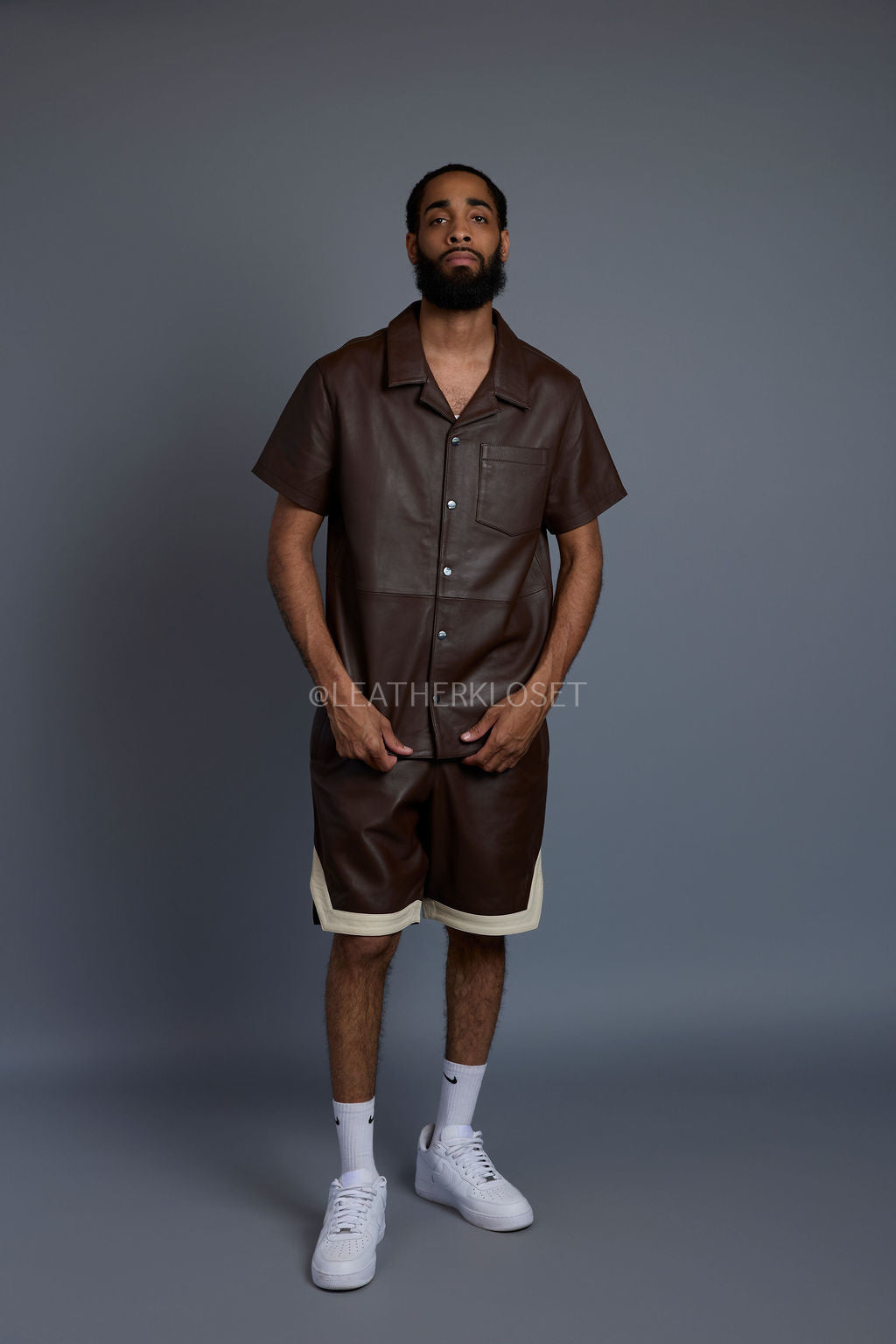 Men's Summer In Miami Leather Shirt And Shorts Set [Chocolate/Beige]