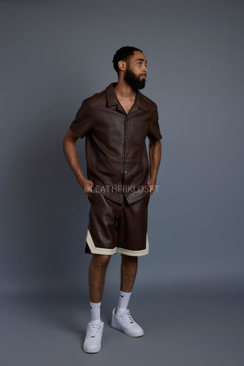 Men's Summer In Miami Leather Shirt And Shorts Set [Chocolate/Beige]