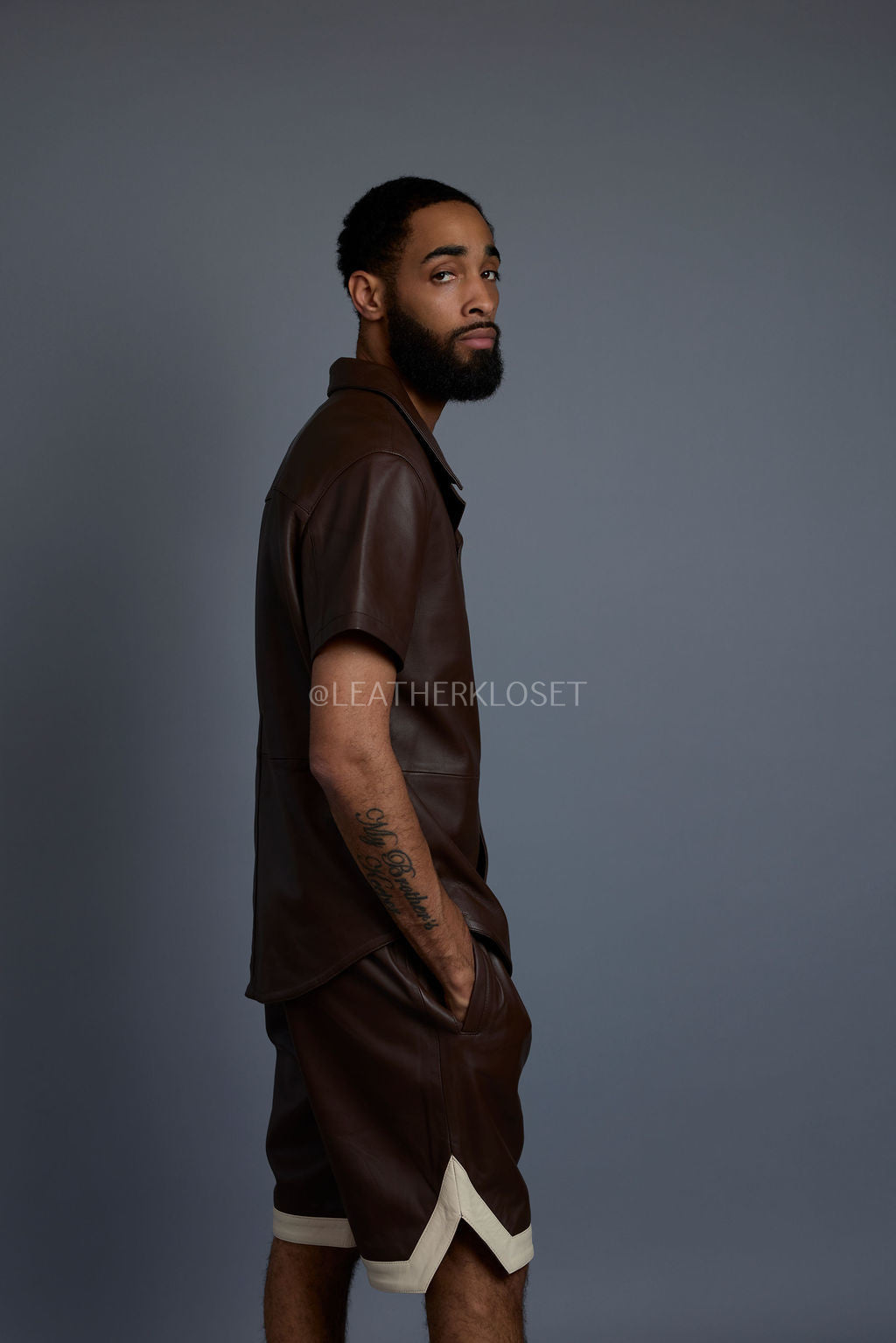 Men's Summer In Miami Leather Shirt And Shorts Set [Chocolate/Beige]