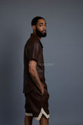 Men's Summer In Miami Leather Shirt And Shorts Set [Chocolate/Beige]