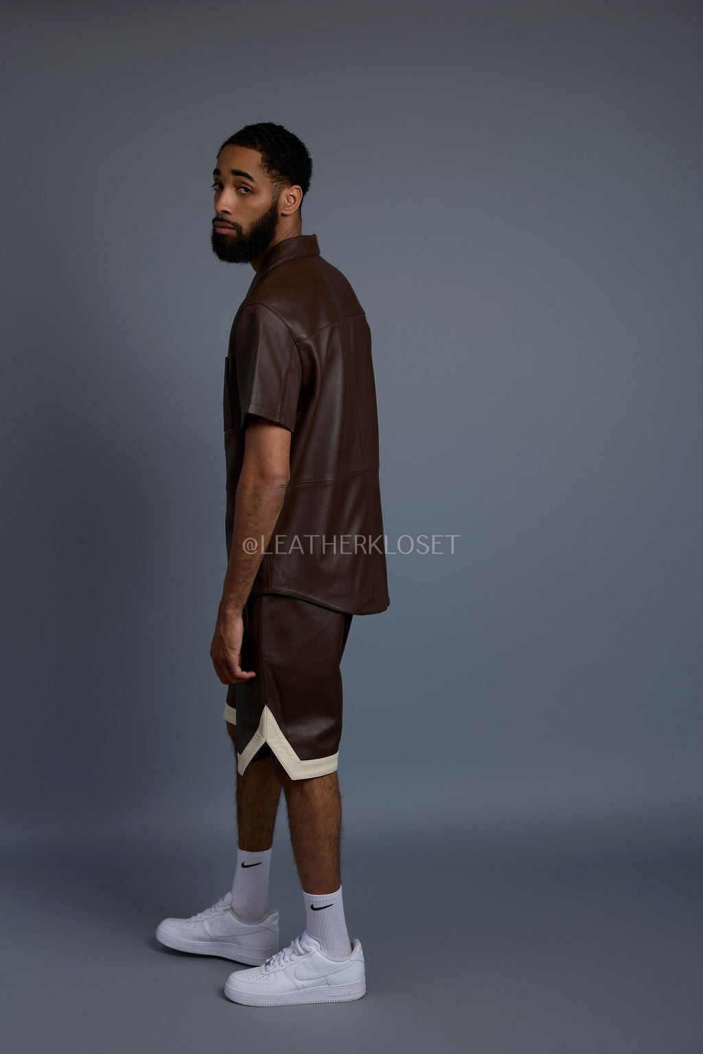 Men's Summer In Miami Leather Shirt And Shorts Set [Chocolate/Beige]