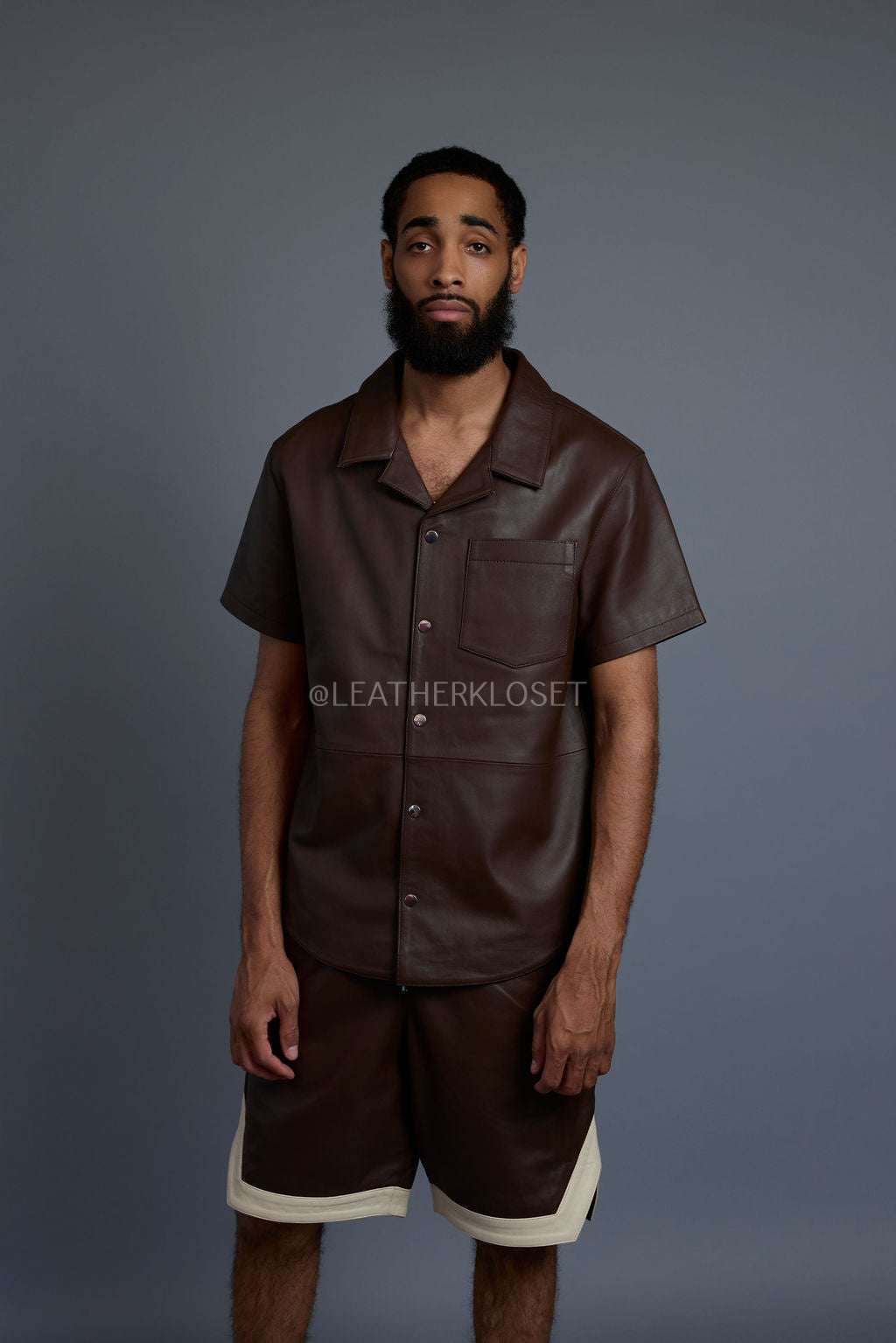 Men's Summer In Miami Leather Shirt And Shorts Set [Chocolate/Beige]