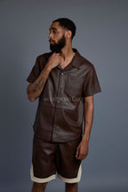 Men's Summer In Miami Leather Shirt And Shorts Set [Chocolate/Beige]