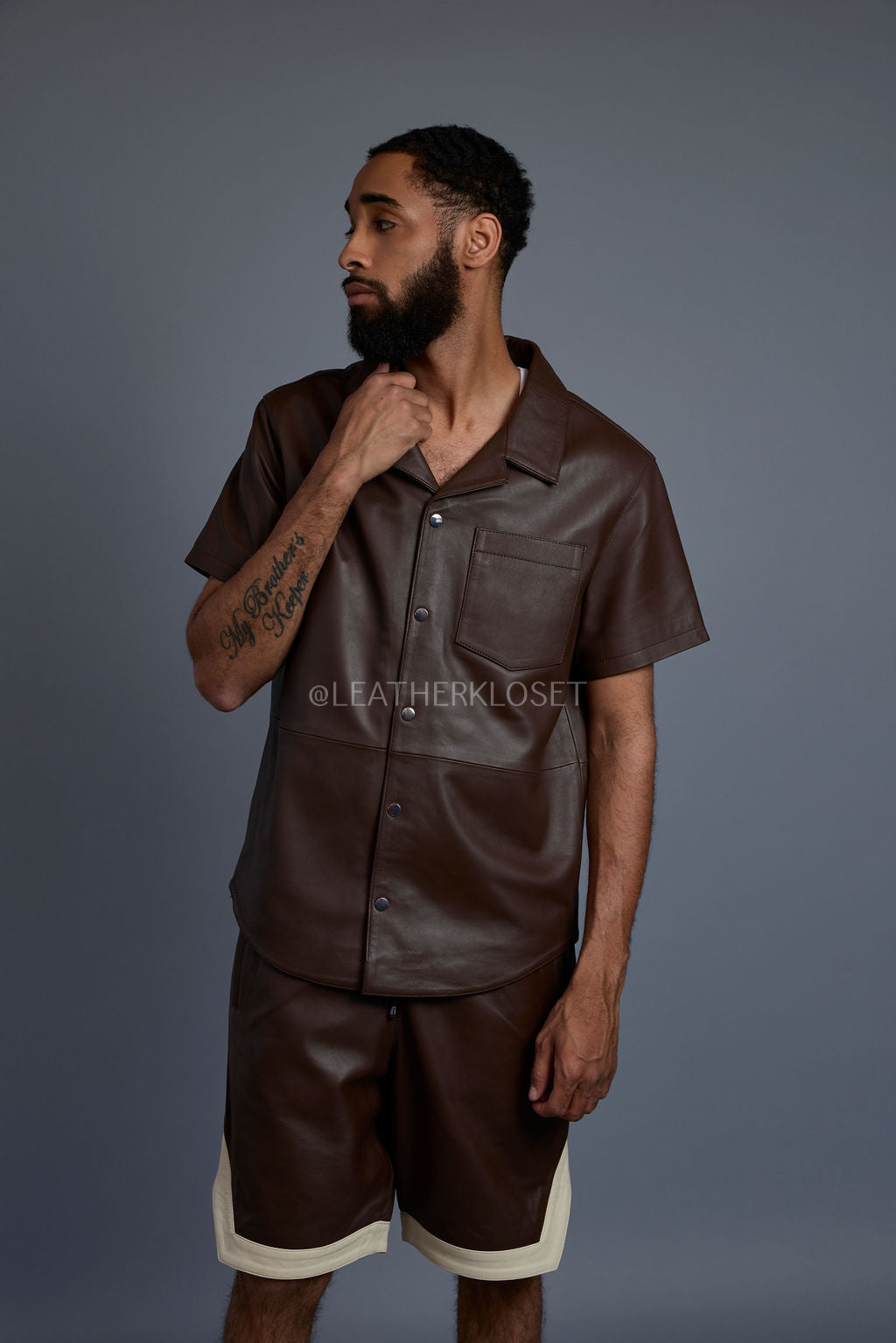 Men's Summer In Miami Leather Shirt And Shorts Set [Chocolate