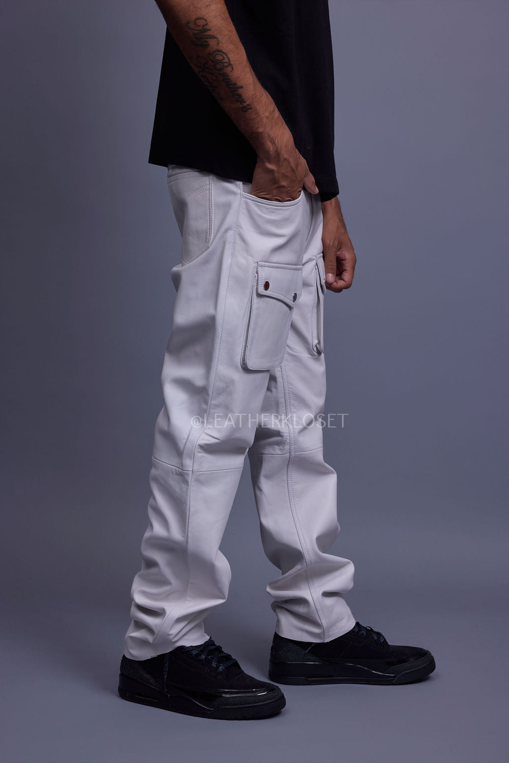 Men's Leather Cargo Jean Pants [White]