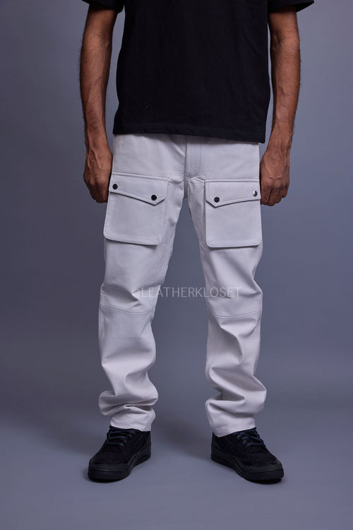 Men's Leather Cargo Jean Pants [White]