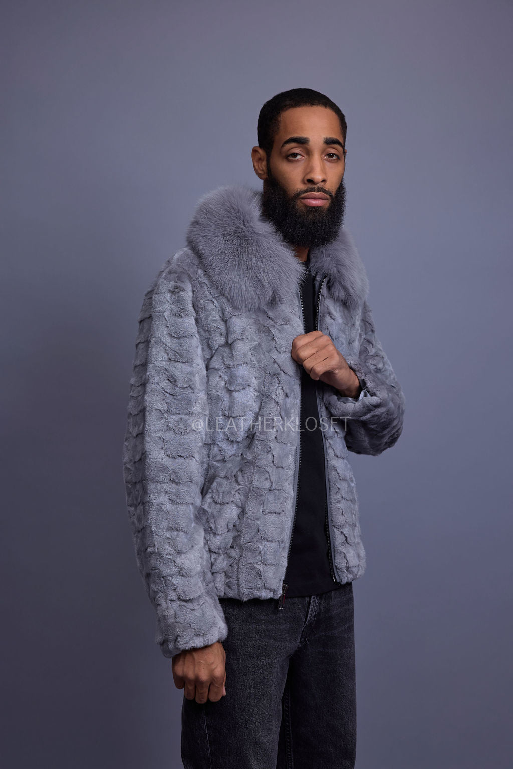 Men's Mink with Fox Fur Bomber Jacket [Gray]
