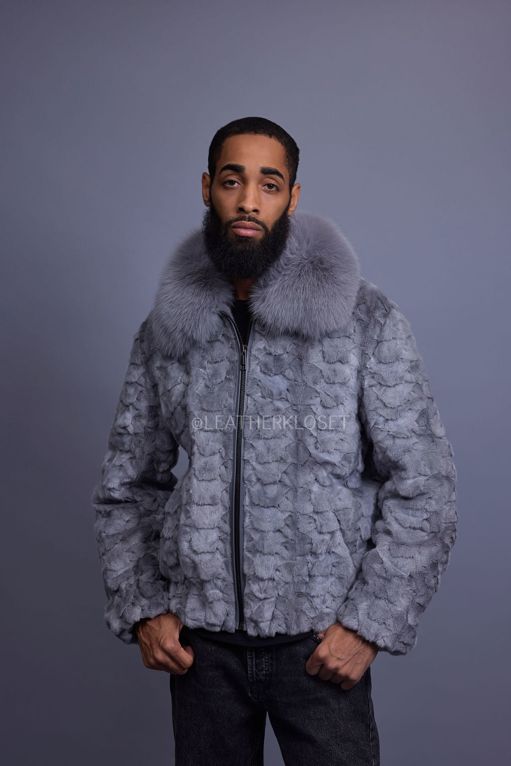 Men's Mink with Fox Fur Bomber Jacket [Gray]