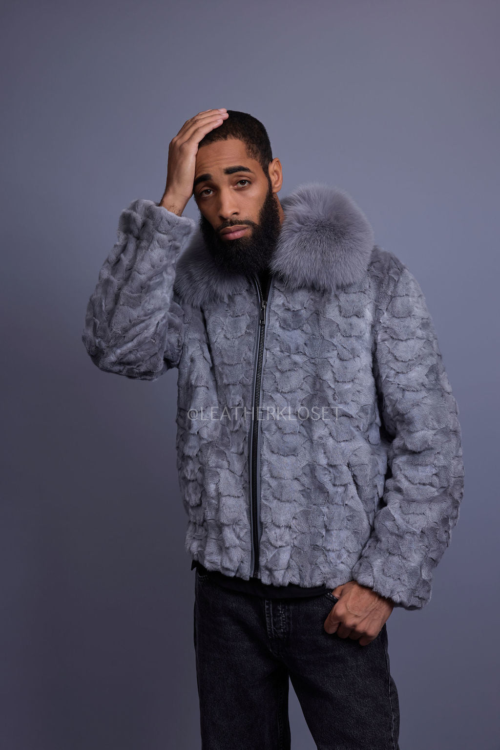 Men's Mink with Fox Fur Bomber Jacket [Gray]