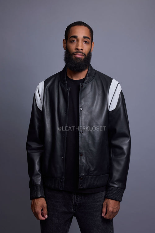 Men's Liam All-Leather Varsity Jacket [Black/White]