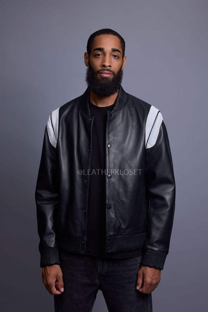 Men's Liam All-Leather Varsity Jacket [Black/White]