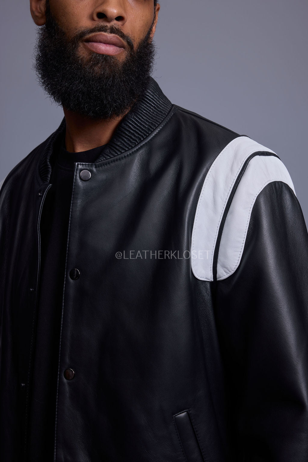 Men's Liam All-Leather Varsity Jacket [Black/White]