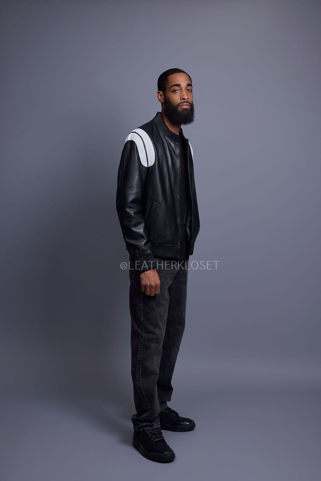 Men's Liam All-Leather Varsity Jacket [Black/White]