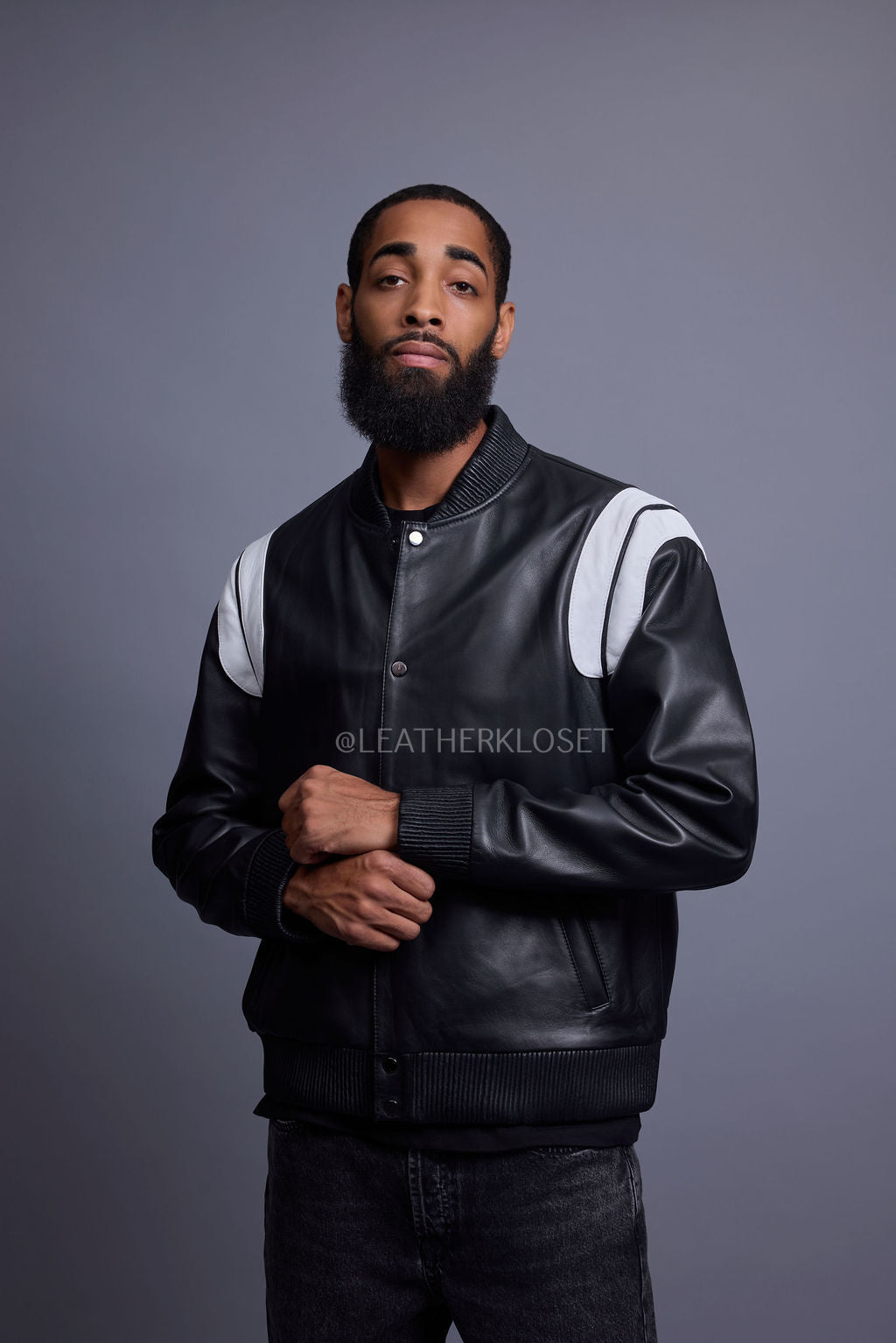 Men's Liam All-Leather Varsity Jacket [Black/White]