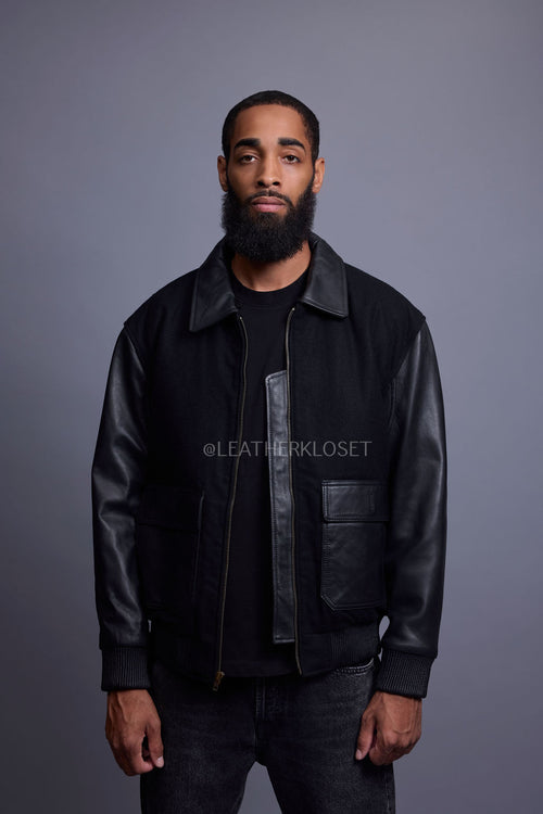 Men's Wool And Leather Pilot Jacket [Black]