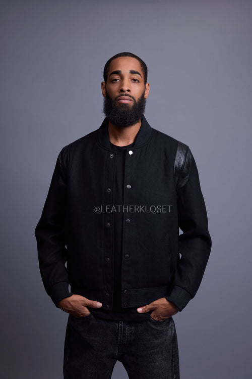 Men's Liam Wool And Leather Varsity Jacket [Black/Black]