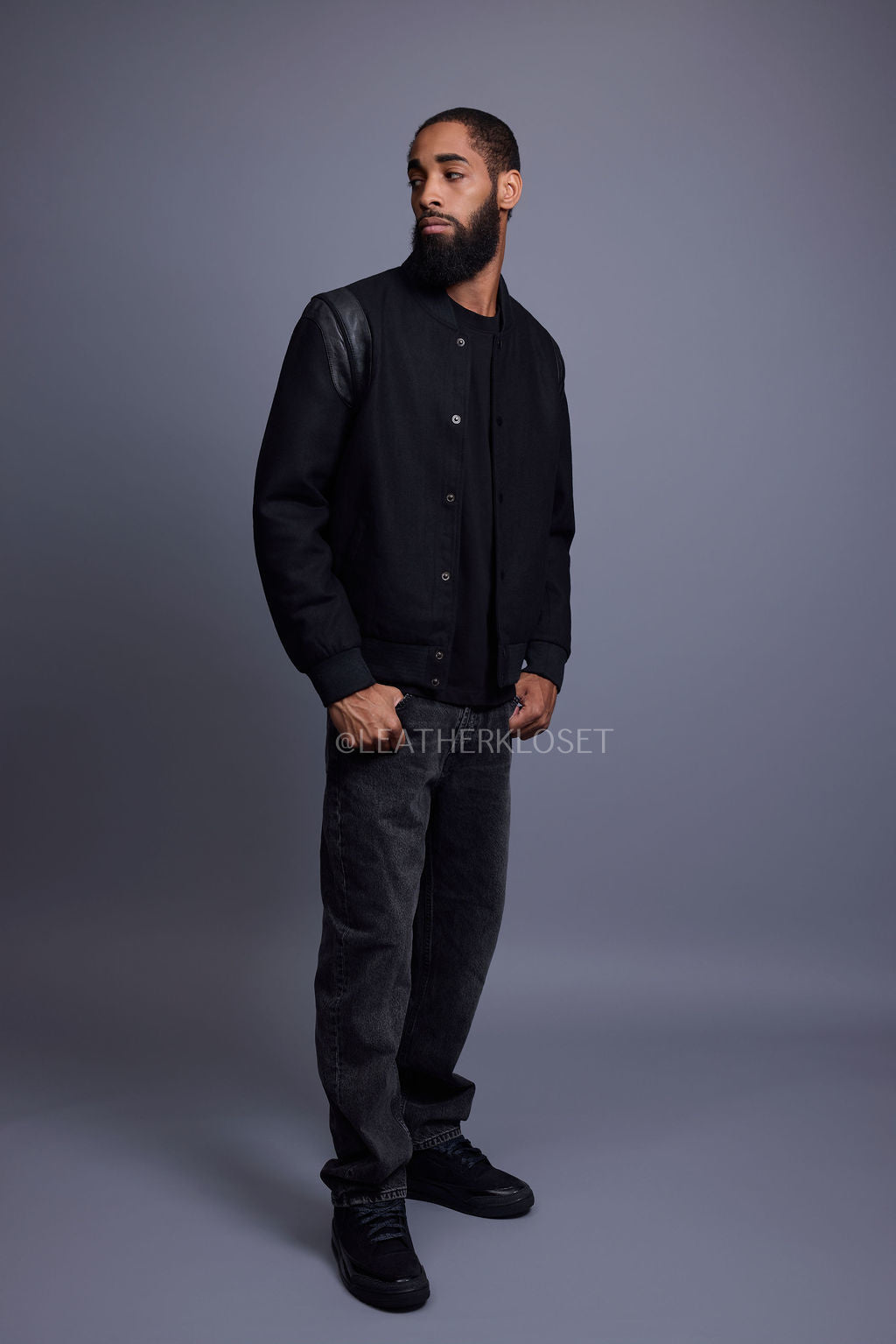 Men's Liam Wool And Leather Varsity Jacket [Black/Black]