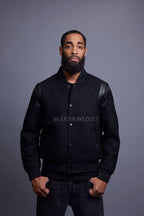 Men's Liam Wool And Leather Varsity Jacket [Black/Black]