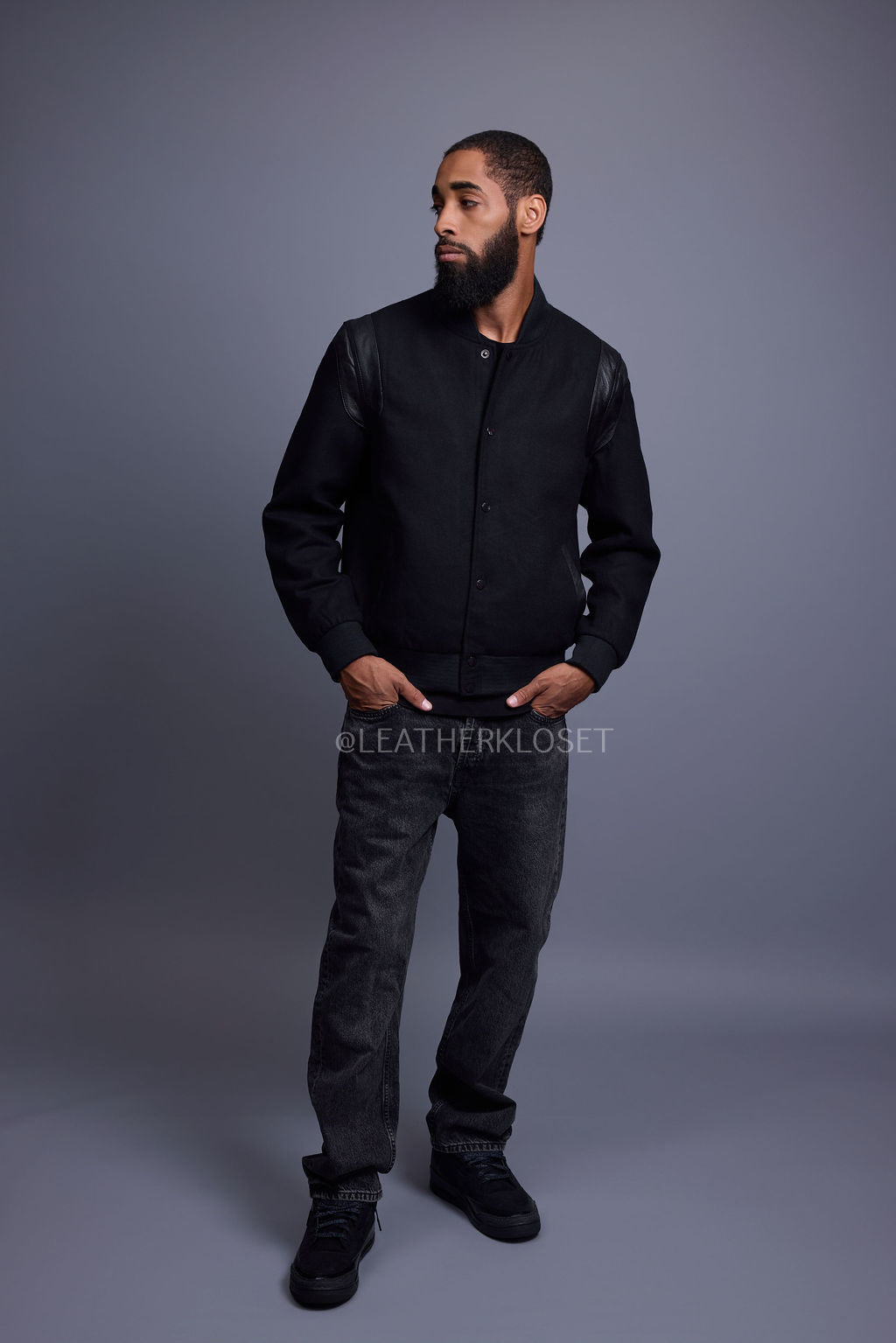 Men's Liam Wool And Leather Varsity Jacket [Black/Black]
