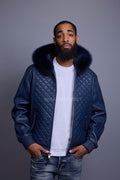 Men's Lucas Quilted Leather Bomber Jacket With Fox Hood [Navy]
