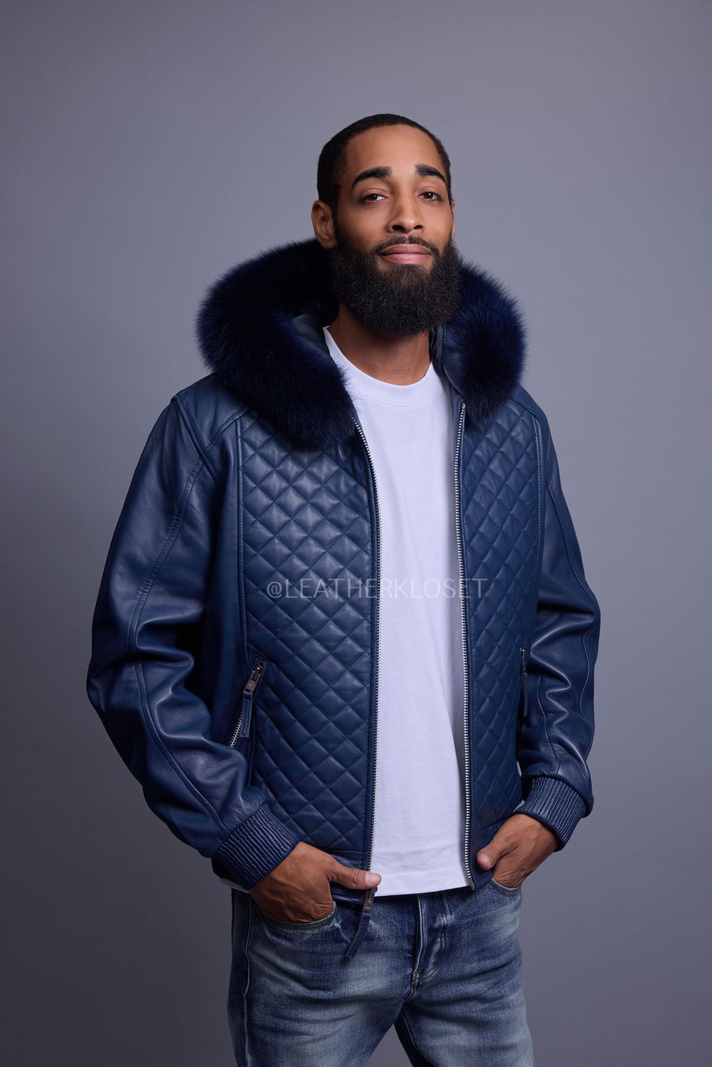 Men's Lucas Quilted Leather Bomber Jacket With Fox Hood [Navy]
