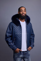 Men's Lucas Quilted Leather Bomber Jacket With Fox Hood [Navy]